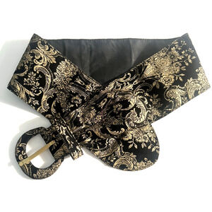 Vtg MCM Fashion Belt Black Leather w/ Black Velvet & Gold Paisley Wide STATEMENT